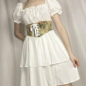 White ruffled mini dress clean with floral corset